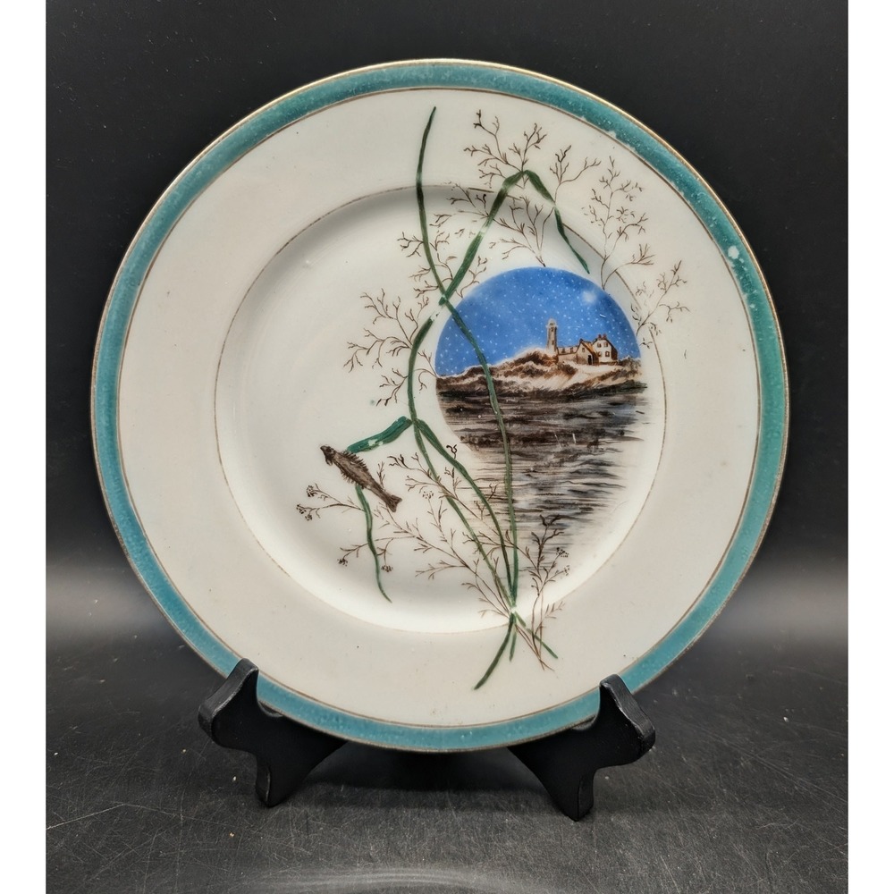 Haviland Limoges Antique Hand Painted Lighthouse Coastal Scene Plate Turquoise